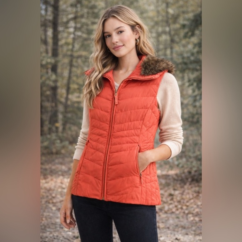 Talbots Faux Fur Collar Down Puffer Vest | in coral